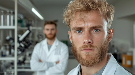 Confident young scientist in lab coat looking at cameraの素材
