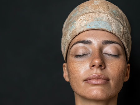 Close-up of a woman with eyes closed wearing an ancient egyptian headdressの素材