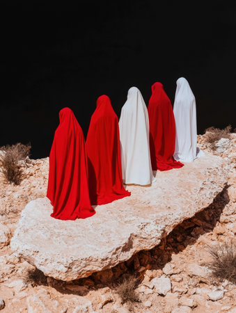 Five figures in red and white robes stand on a cliff overlooking a dark abyssの素材