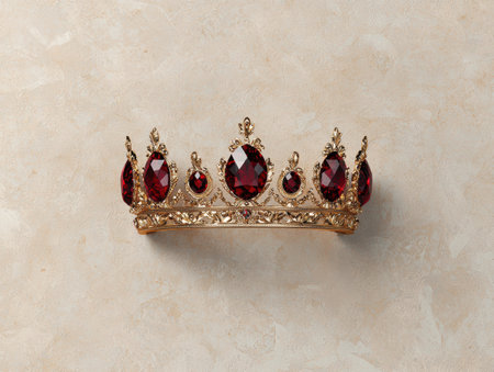 Gold crown with red gems on beige backgroundの素材