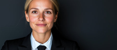 Confident businesswoman in a black suit and white shirtの素材