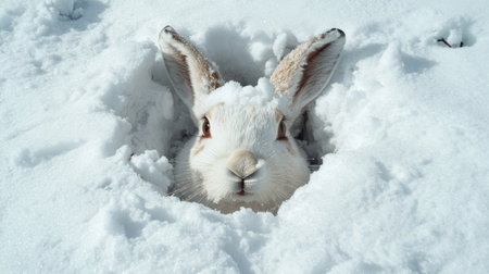 Adorable white rabbit peeking out of the snowの素材