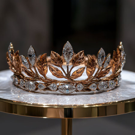 Close-up of a luxurious diamond and gold crown on displayの素材
