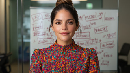 Confident businesswoman in stylish blouse standing in modern officeの素材
