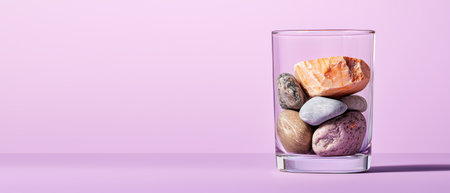 Glass of colorful stones on purple backgroundの素材