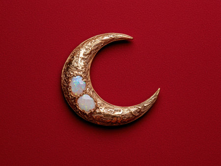 Crescent moon opal gold brooch on red backgroundの素材
