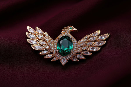Luxury gold phoenix brooch with green emerald and diamonds on dark red fabricの素材