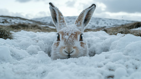 Adorable mountain hare peeking out of snowdriftの素材