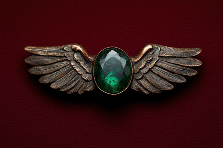 Green gemstone wing brooch on red backgroundの素材