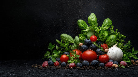 Fresh organic vegetables and berries on dark backgroundの素材