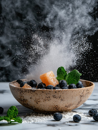 Delicious blueberries and peach dessert with powdered sugarの素材
