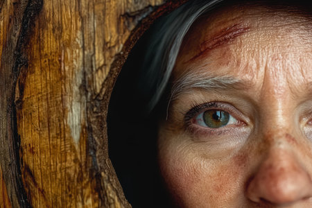 Close-up of a woman's eye with scratches on her foreheadの素材