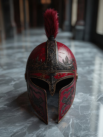 Ancient Greek Helmet with Red and Gold Designの素材