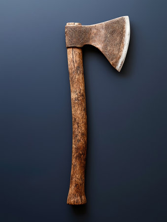 Ancient Viking Axe with Intricate Carvings on Dark Backgroundの素材