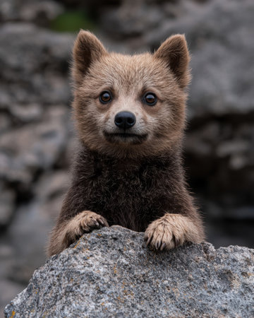 Adorable fluffy fox puppy peeking over a rockの素材
