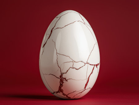 Cracked white egg on red backgroundの素材