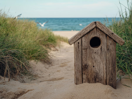 Rustic wooden birdhouse on a sandy beach path leading to the oceanの素材