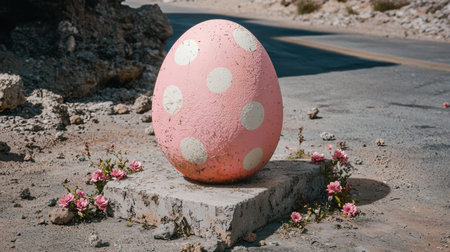 Pink polka dot egg on a stone pedestal in a desert landscapeの素材