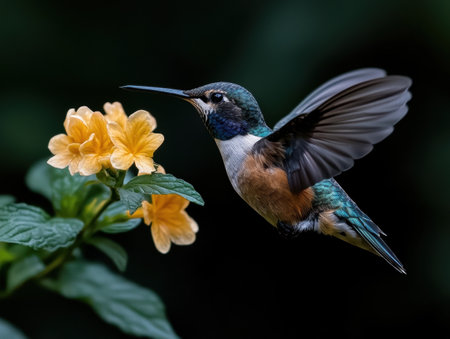 Hummingbird in flight near yellow flowersの素材