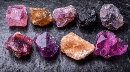 Assorted colorful gemstones on dark backgroundの素材