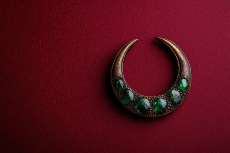 Crescent moon shaped emerald gemstone jewelry on red backgroundの素材