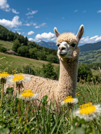 Close-up of a fluffy alpaca in a field of dandelionsの素材