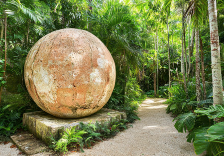 Giant stone sphere in a lush tropical gardenの素材