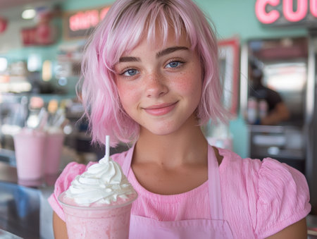 Smiling waitress holding a strawberry milkshakeの素材