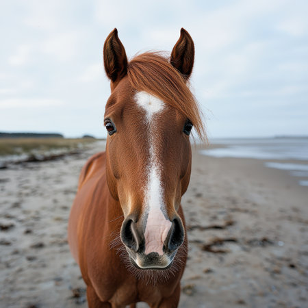 Close-up of a chestnut horse on the beachの素材