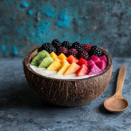 Rainbow fruit bowl with yogurt and berries in coconut shellの素材