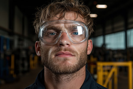 Close-up portrait of a focused male factory worker wearing safety glassesの素材