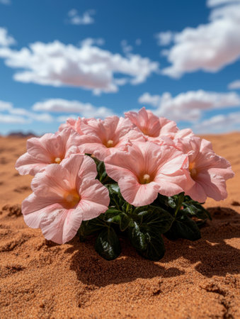 Pink flowers blooming in the desert sand under a bright blue skyの素材