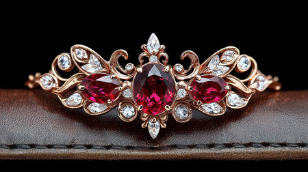 Elegant ruby and diamond bracelet on brown leather backgroundの素材