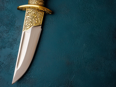 Ornate dagger with gold accents on a dark green backgroundの素材