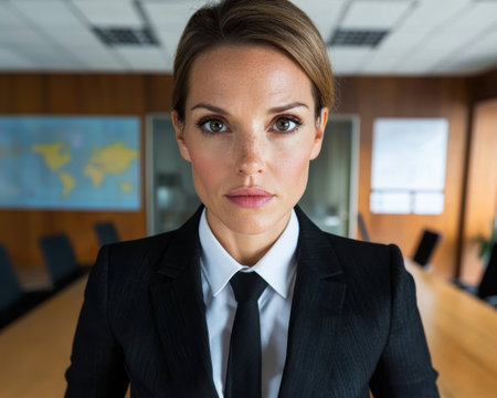 Confident businesswoman in a modern officeの素材