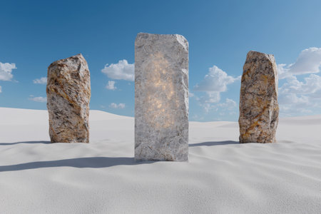 Three stone pillars stand in the desert under a bright blue skyの素材