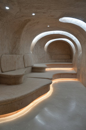 Modern spa interior with curved stone benches and warm lightingの素材