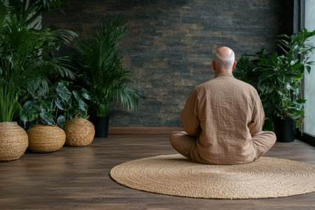 Serene man meditating in a peaceful room filled with plantsの素材