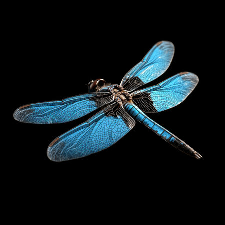 Closeup of a vibrant blue dragonfly with intricate wing details against a black backgroundの素材