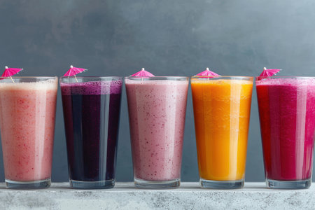 Assortment of colorful smoothies in glasses with paper umbrellasの素材