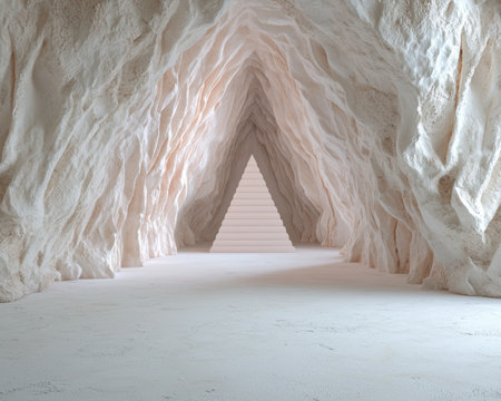 Abstract white pyramid in a cave-like settingの素材