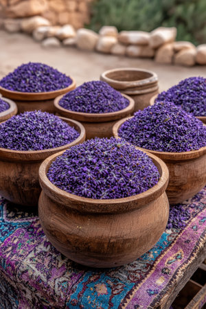 Dried lavender flowers in wooden bowls at a marketの素材