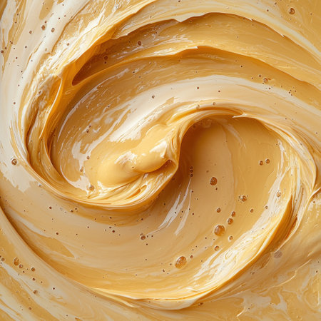 Abstract swirl of caramel-colored cream, close-up textureの素材