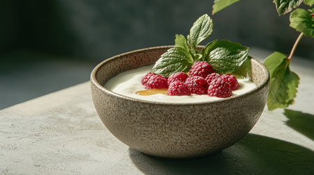 Close-up of a bowl of creamy yogurt topped with fresh raspberries and a sprig of mintの素材