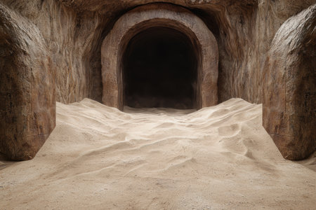 Ancient stone archway leading to a dark tunnel filled with sandの素材