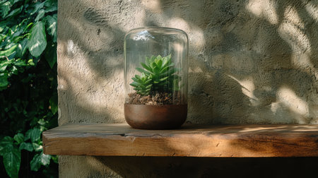 Succulent plant in a glass terrarium on a wooden shelfの素材