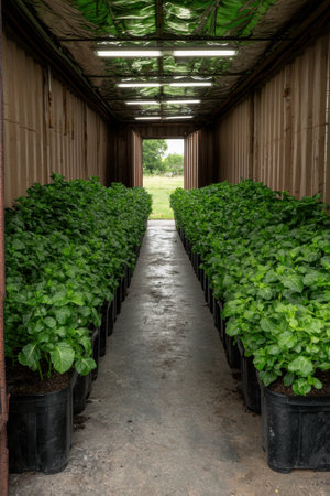 Indoor hydroponic farm in shipping container with rows of leafy greensの素材