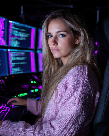 Female programmer working late at nightの素材