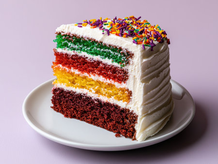 Rainbow layer cake slice with sprinkles on a white plateの素材