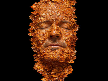 Close-up of a man's face covered in autumn leavesの素材